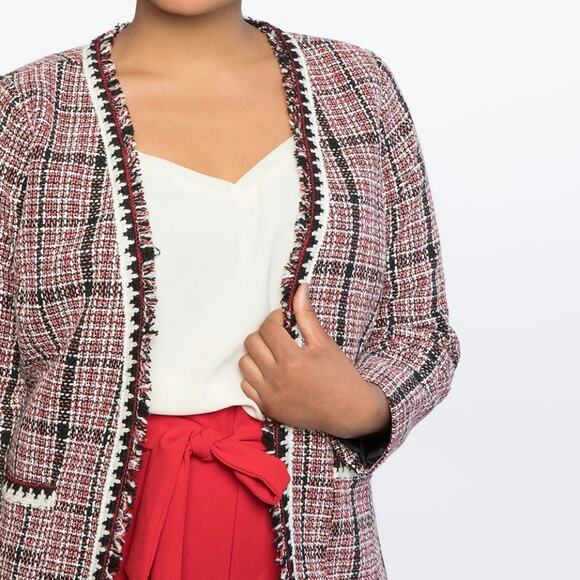 Eloquii Tweed Red Plaid Open Front Blazer Jacket Size 18 - Picture 1 of 8